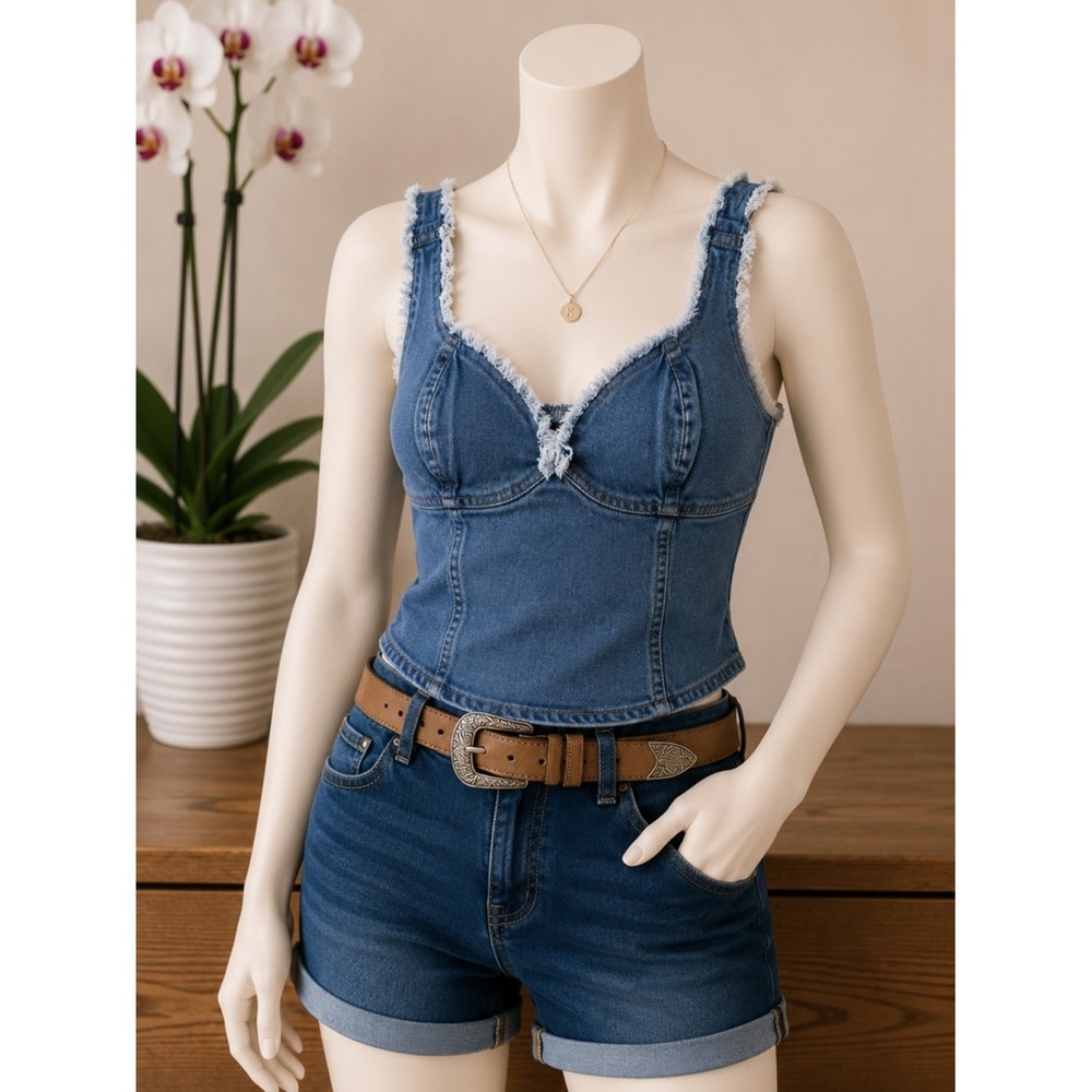 Blue Denim Frayed‎ Corset Bustier Top Medium Wash Sleeveless Sweetheart Neck